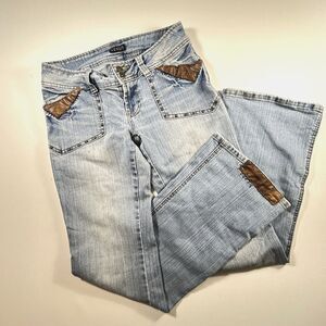 Y2K VENUS Low Rise Jeans Boho Bootcut Studded Patches Stretch Pockets Size 8